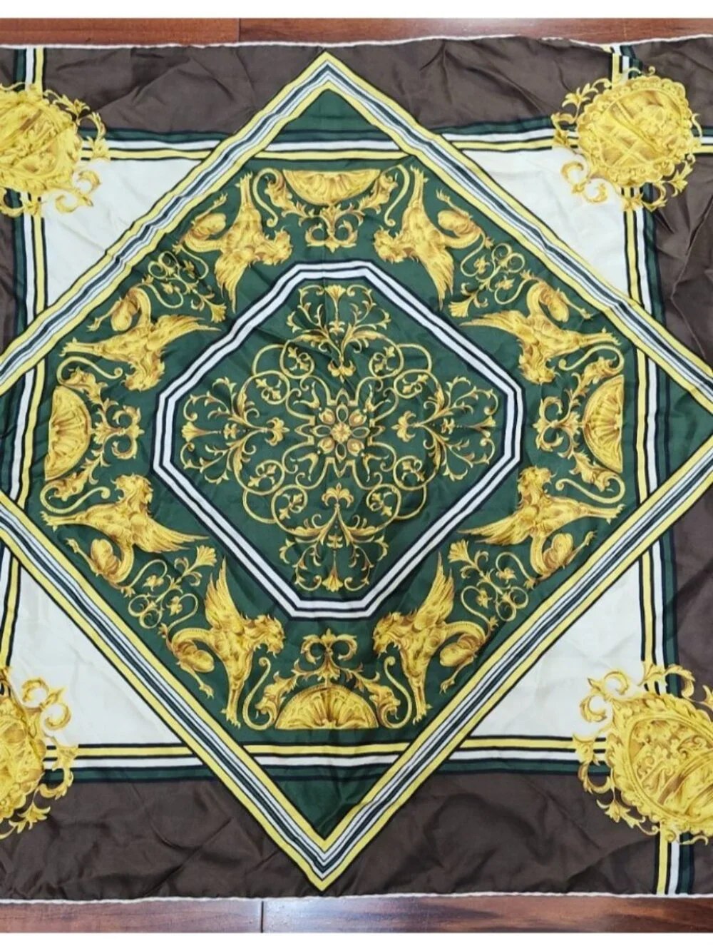 Gita Vintage Silk Scarf Baroque Griffin Medallion Green Gold Brown 30” Square